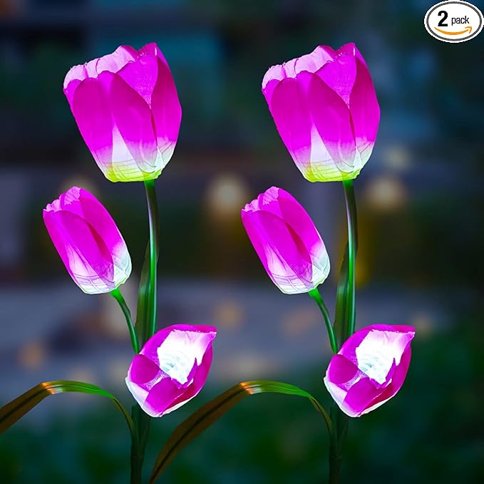 Veesee Solar Garden Outdoor Flower Light, Powered Stake for Decorative Landscape Lawn Yard Patio LED Lighting (Tulip-Purple, 2Pack)