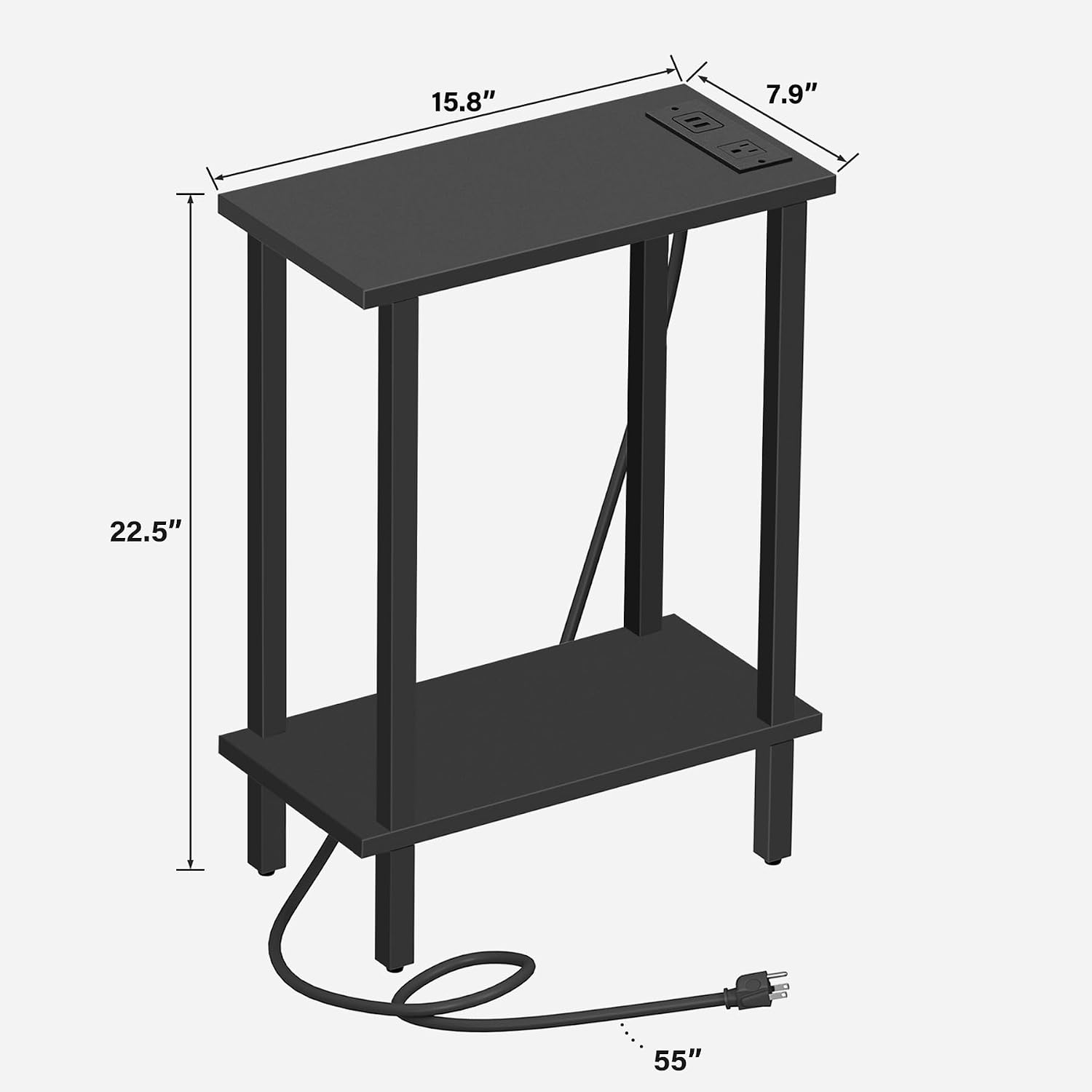 TUTOTAK Narrow Side Table, 2-Tier Small End Table with Charging Station | Skinny Sofa Table, Slim Nightstand, Easy Assembly for Living Room, Bedroom, Black TB01BK060