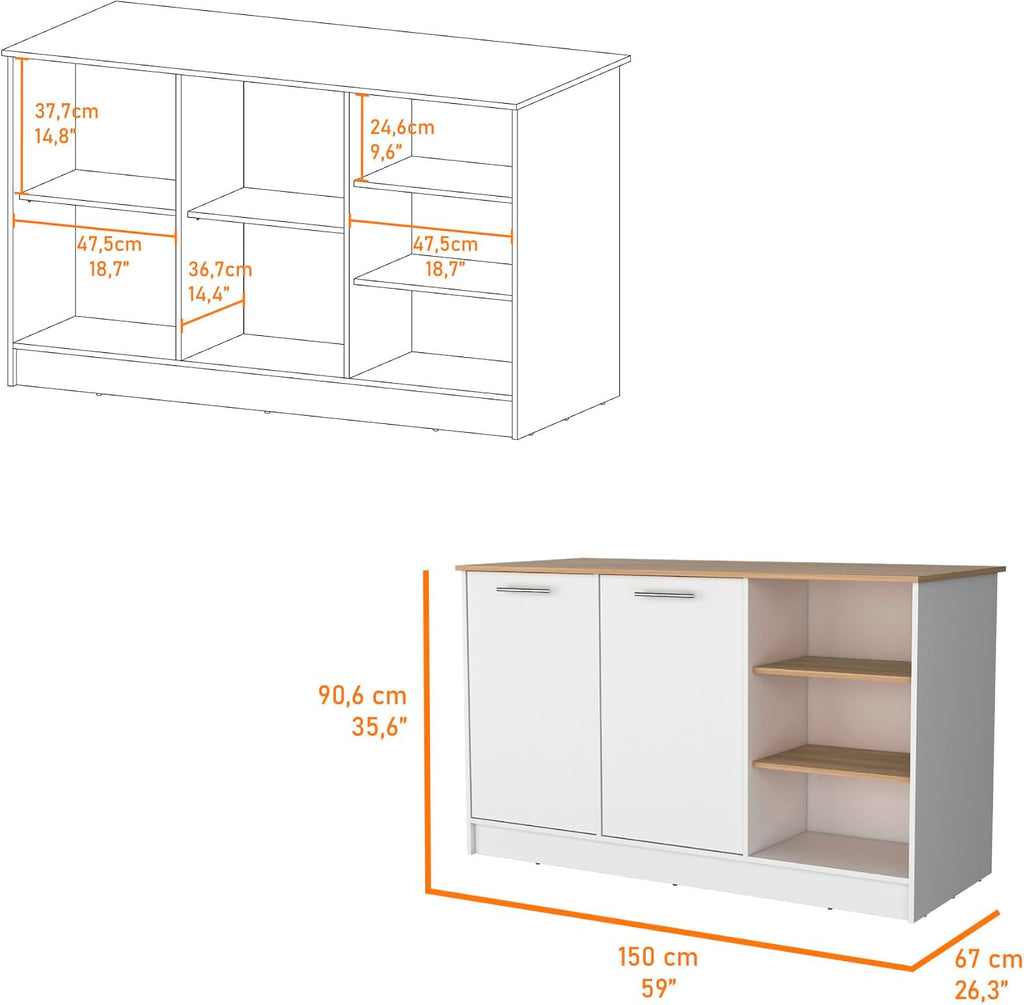 Melamine Kitchen Island with Two Doors and Three Open Shelves | two doors with internal shelves and three open storage shelves