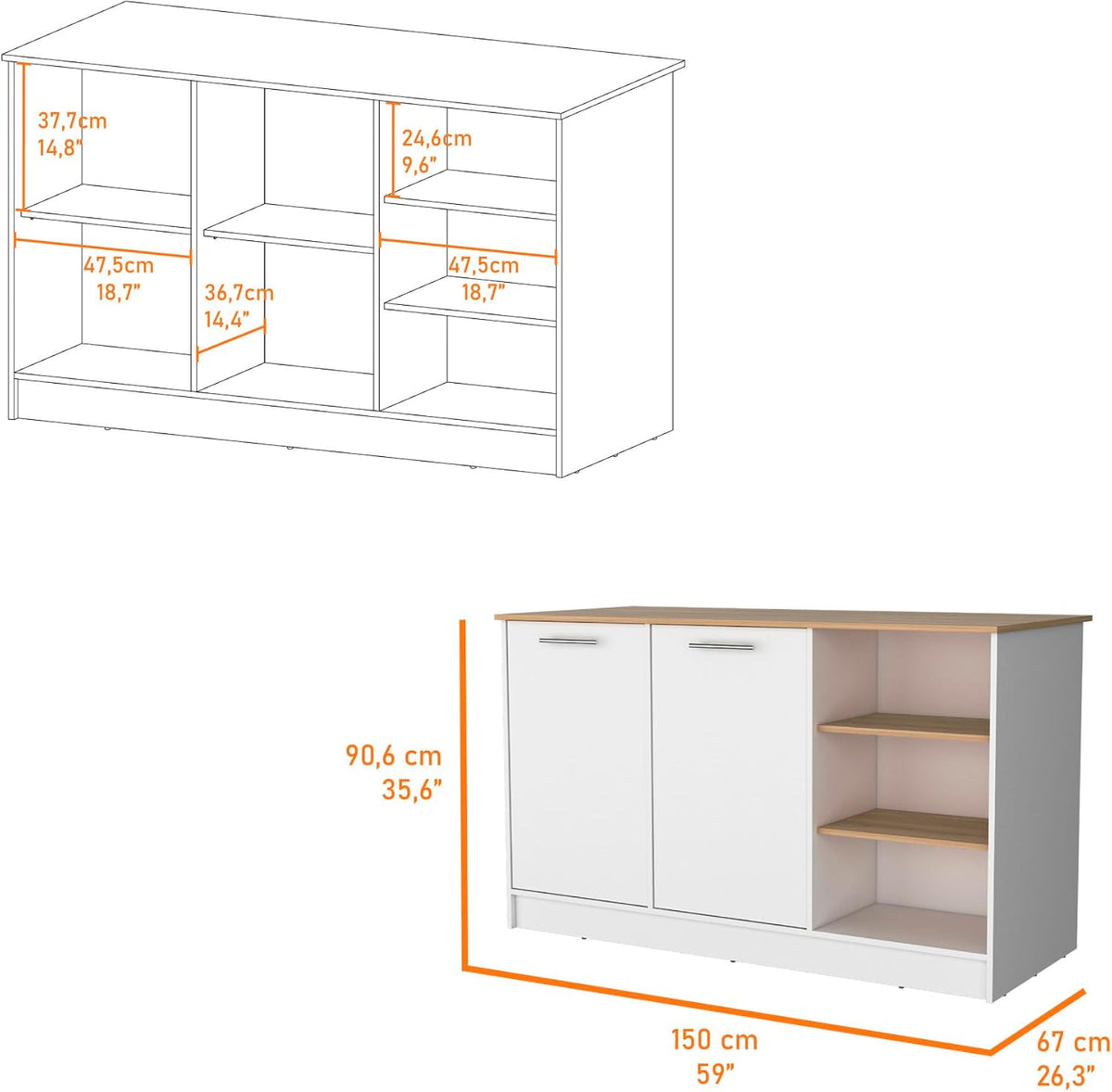 Melamine Kitchen Island with Two Doors and Three Open Shelves | two doors with internal shelves and three open storage shelves
