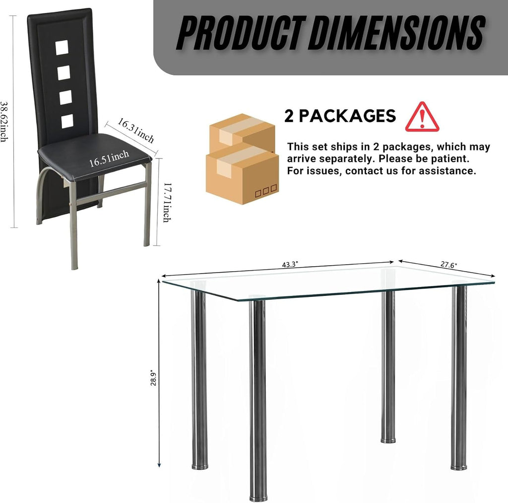 Karl home Glass Dining Table Set for 4, PVC Chairs,Silver Leg,Easy Assembly | Glass tabletop, 4 PVC chairs, space-saving, high back for long seating, for kitchen/breakfast/dining/living room