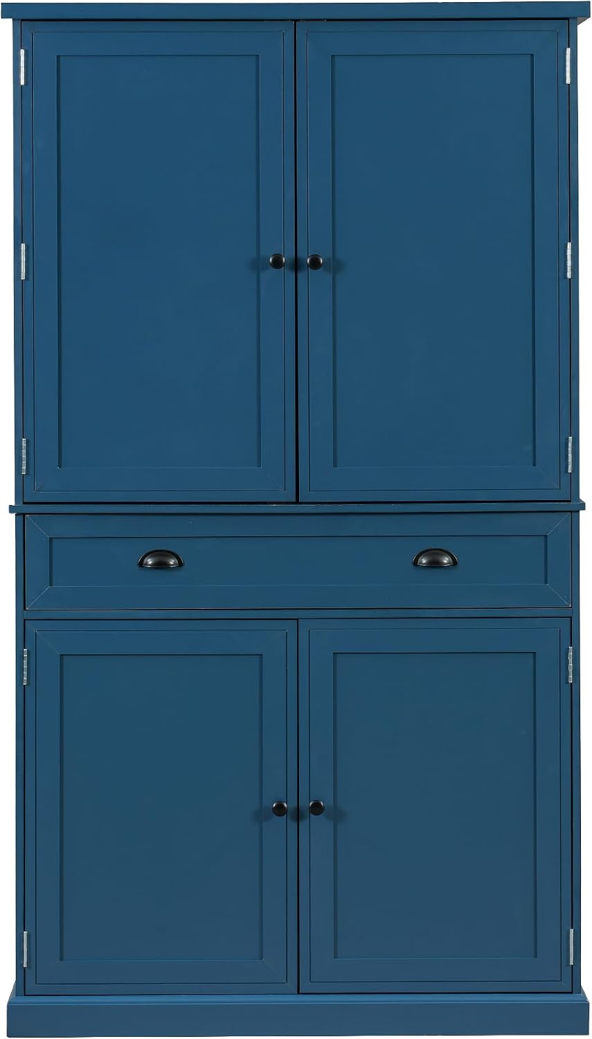 VilroCaz Freestanding 4 Doors Kitchen Pantry, Wood Kitchen Cupboard Storage Cabinet with 6 Door Shelves, Drawer and 3 Pull-Out Trays for Dining Room (Blue-4.14)
