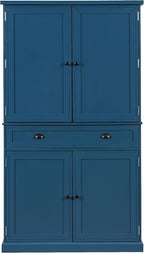VilroCaz Freestanding 4 Doors Kitchen Pantry, Wood Kitchen Cupboard Storage Cabinet with 6 Door Shelves, Drawer and 3 Pull-Out Trays for Dining Room (Blue-4.14)