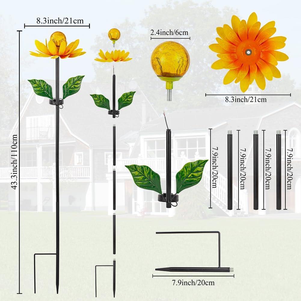 Solar Flowers Wind Spinners Outdoor,Sunflower Windmill for Yard Art Decor Lights Wind Pinwheels with LED Crystal Ball Spring Outdoor Decor for Garden Lawn Patio