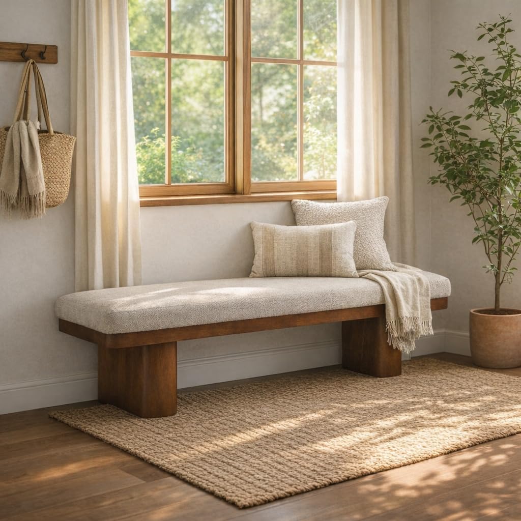 Christopher Knight Home 55" Chenille Upholstered Bench with Solid Rubber Wood Legs, Modern Farmhouse Bedroom Bench, Padded Entryway Bench Seat, Dining Bench for Living Room End of Bed, Light Brown