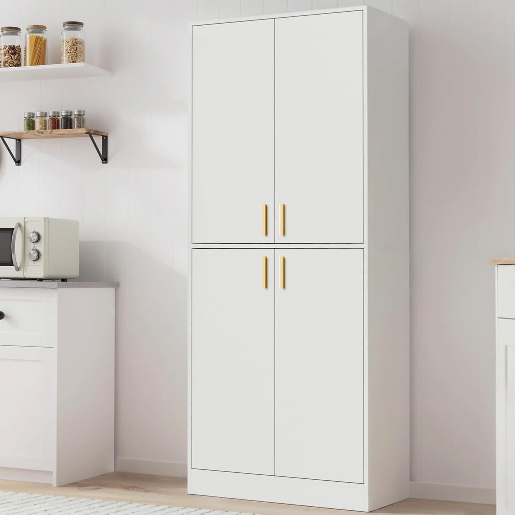 Cozy Castle Kitchen Pantry Cabinet, 71" Tall Wood Storage Cabinet with Doors and Shelves 4 Doors Freestanding Cupboard for Dining Room Living Room Furniture, White