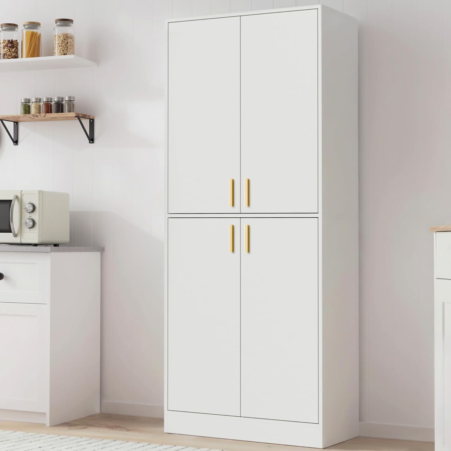 Cozy Castle Kitchen Pantry Cabinet, 71" Tall Wood Storage Cabinet with Doors and Shelves 4 Doors Freestanding Cupboard for Dining Room Living Room Furniture, White