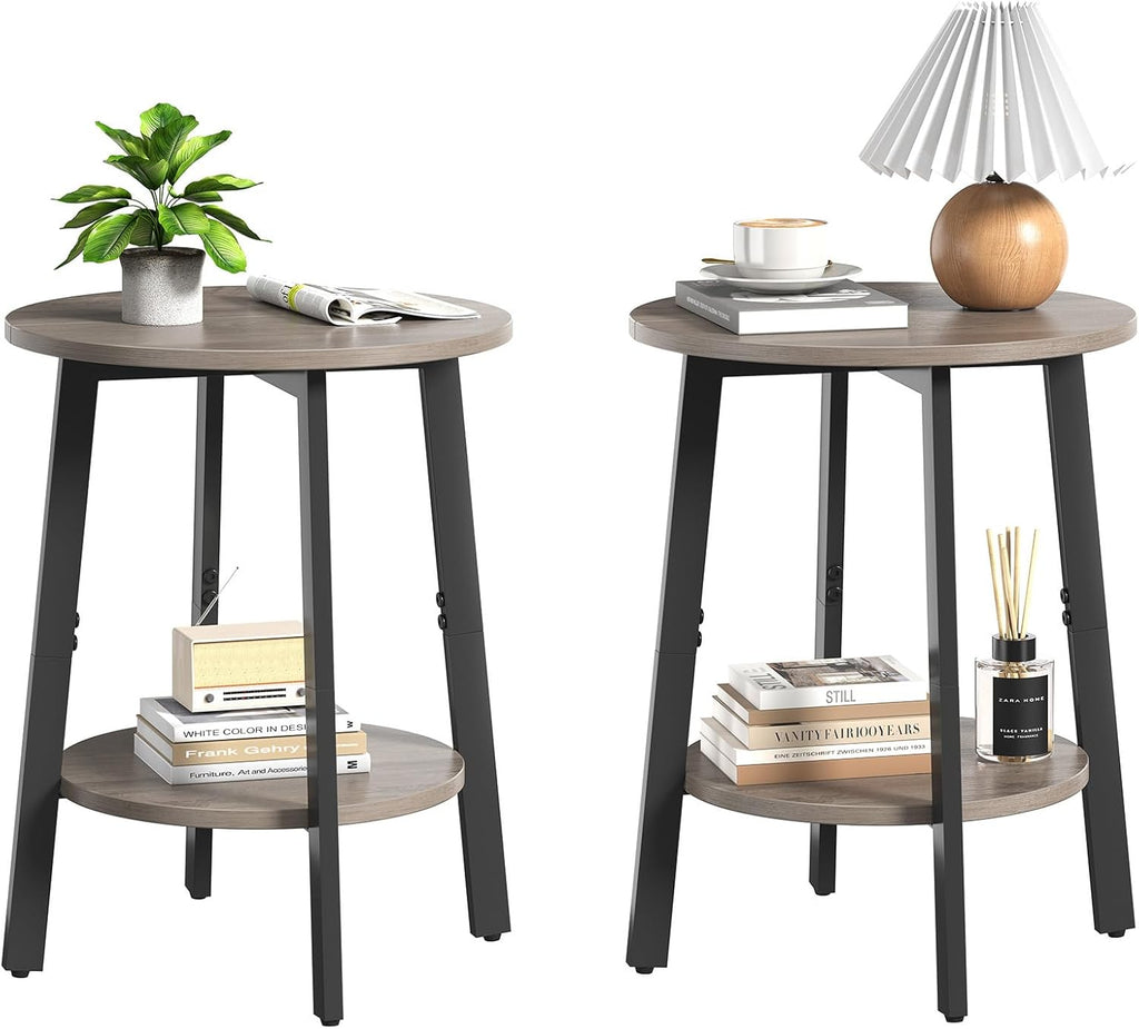 sthmec Side Table Set of 2, Small Round End Table with Storage Shelf for Small Space, 2-Tier Bedside Table Sofa Couch Table, Nighstands Set of 2 Accent Table for Living Room, Bedroom, Grey