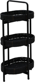 3 Tier Handwoven Oval Side Table Storage Basket with Detachable Trays | Woven Paper Rope Organizer for Living Room Bedroom Kitchen | Sturdy Metal Frame Tiered Shelf for Home Decor (Black)
