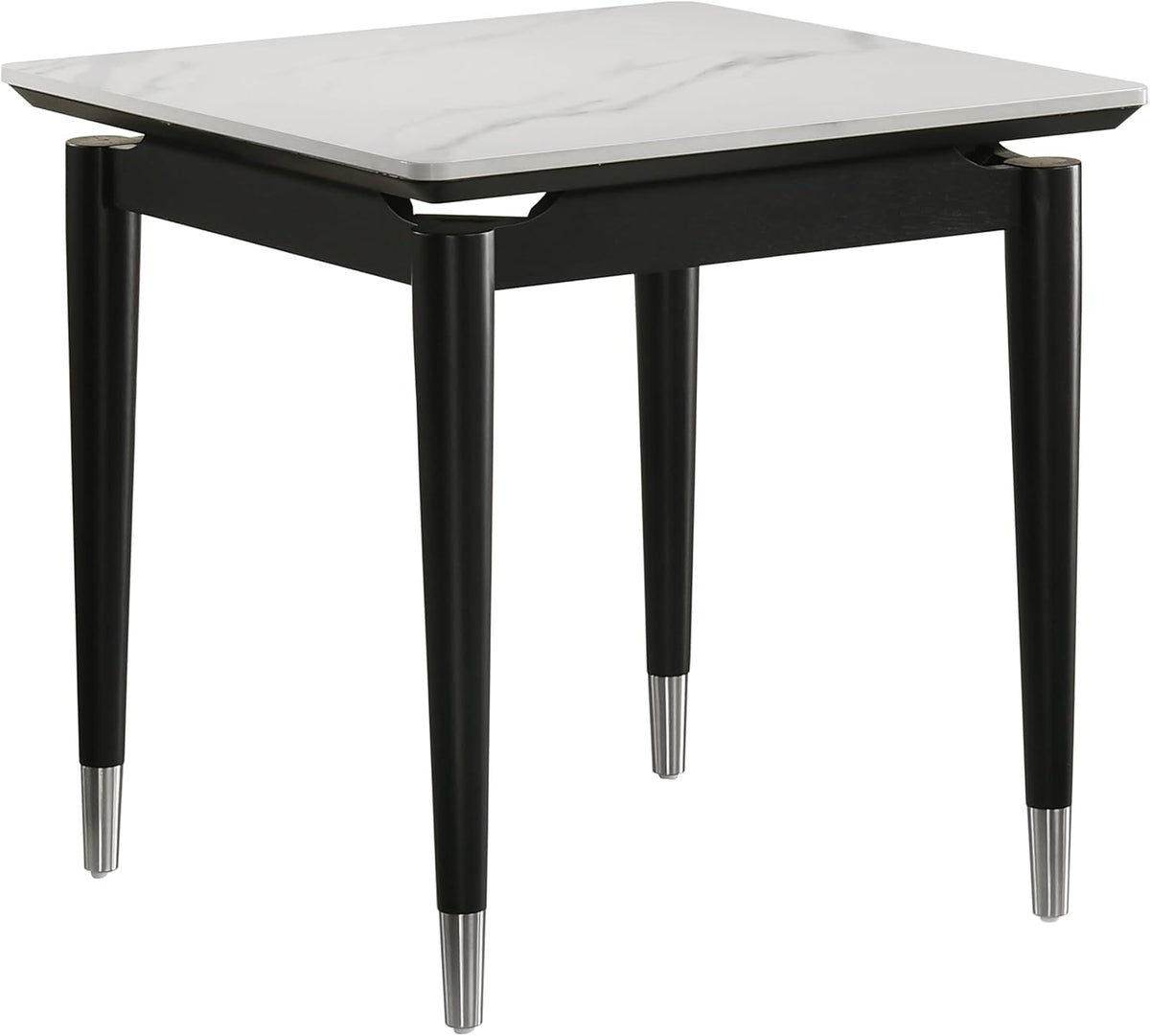 Furniture of America Miranda Modern Solid Wood 23.6-inch Square End Table with Sintered Stone Top, Silver-Capped Arrow Legs for Living Room, Black and White