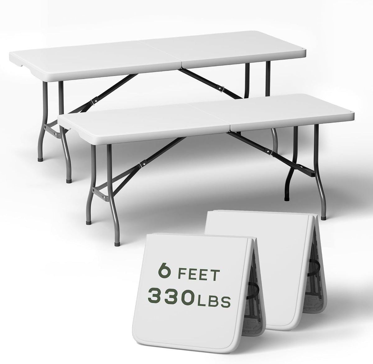 6 Foot Folding Table, Sturdy 330LBS Capacity, Reinforced Steel Legs, Foldable Design with Safety Lock, Portable Folding Table for Parties, Picnics, Weddings, Camping, 2 Pack
