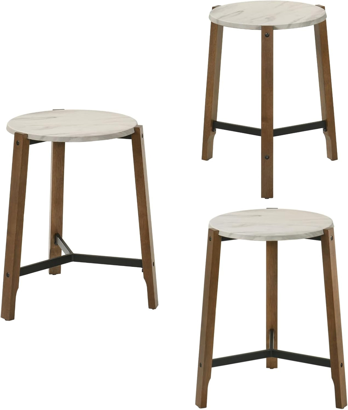 CIMOTA Round Side Table, 22.5" End Accent Table with Solid Wood Leg, White Marble Texture Tabletop, Metal Beam, Round Nightstand for Small Spaces/Living Room/Bedroom, White