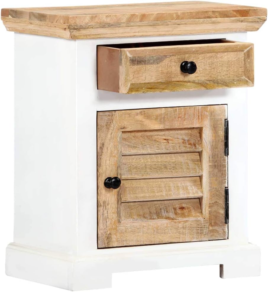 Solid Rough Mango Wood Nightstand with 1 Drawer and 1 Door, White and Brown Side Table for Living Room, 15.7"x11.8"x19.6"