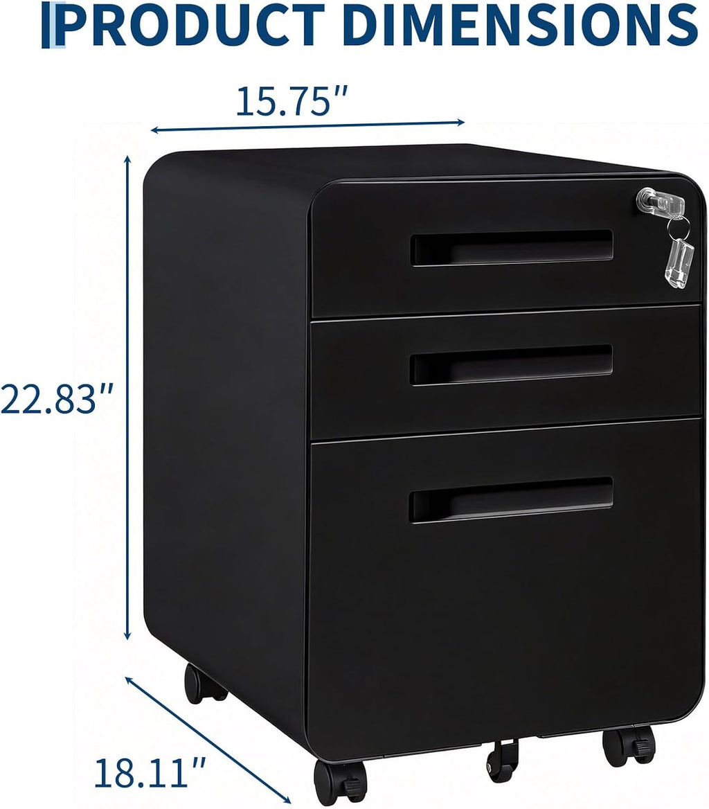 3 Drawer File Cabinet with Lock, Mobile Metal Filing Cabinet for Letter/Legal/A4 Size, Under Desk Rolling Office Storage Cabinet, Fully Assembled, Black