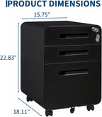 3 Drawer File Cabinet with Lock, Mobile Metal Filing Cabinet for Letter/Legal/A4 Size, Under Desk Rolling Office Storage Cabinet, Fully Assembled, Black