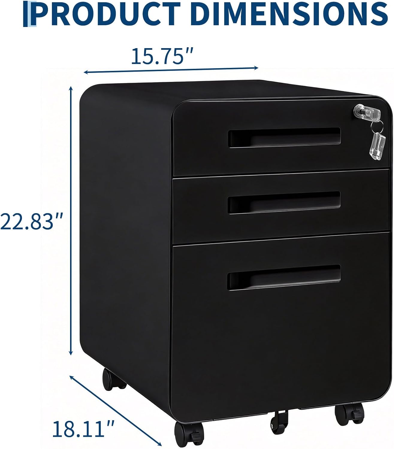3 Drawer File Cabinet with Lock, Mobile Metal Filing Cabinet for Letter/Legal/A4 Size, Under Desk Rolling Office Storage Cabinet, Fully Assembled, Black