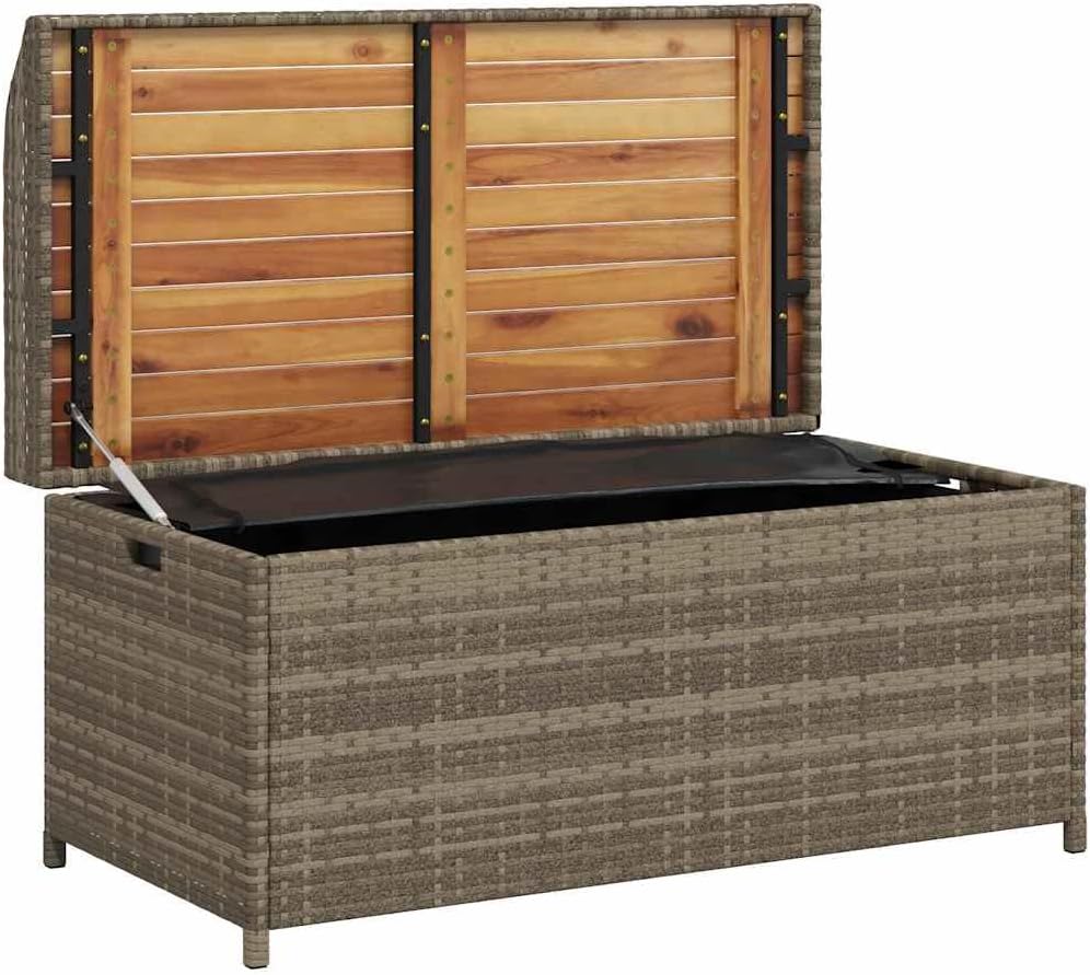Outdoor Storage Bench with Waterproof Liner, 39.4-inch PE Rattan Garden Seat with Acacia Wood Accents, Patio Deck Box for Cushions and Gardening Supplies, Gray