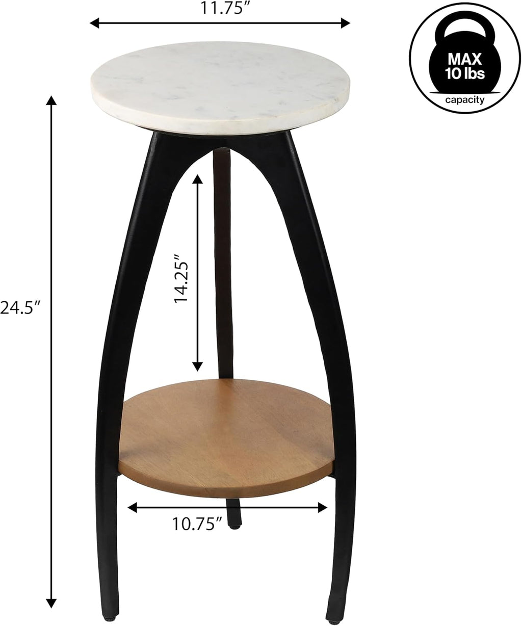 JONATHAN Y Ollie 24.5" Modern 2-Tier Round Drink Table, White Faux Marble Top and Black Metal Arch Legs, Small Pedestal Side Table with Wood Shelf for Living Room, Martini Cocktail Accent END3001A