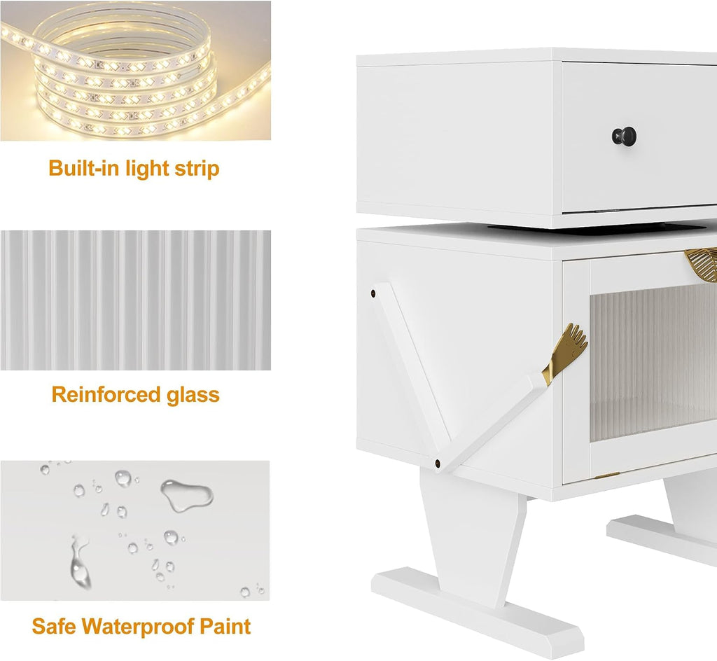 RoyalCraft Large Nightstand with LED Lights, White Robot Nightstand | End Table with 360°Rotating Drawer, Modern Bedside Table with Storage, Wood Night Stand for Bedroom, Home Office, White