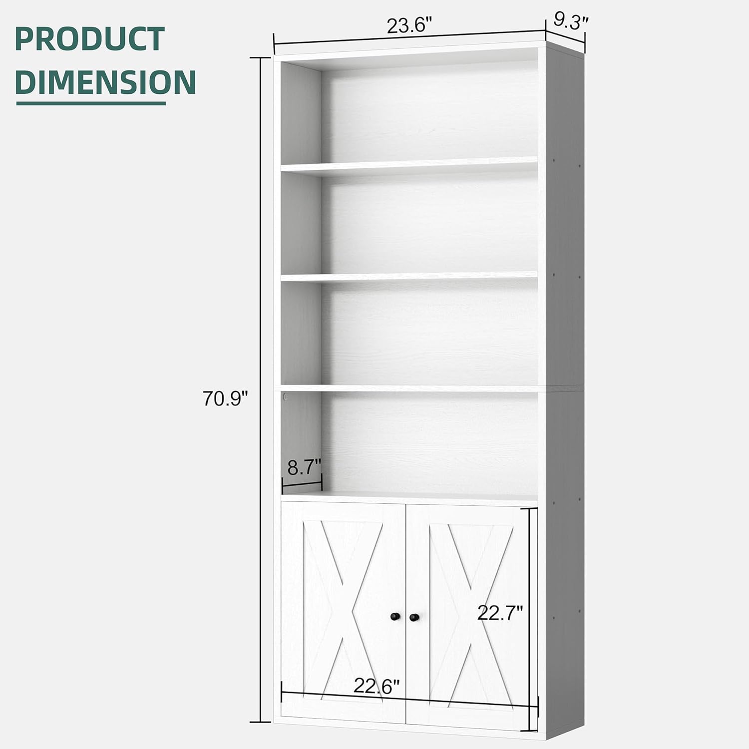 Shintenchi Bookshelf, Industrial Bookshelves and Bookcases with Doors Floor Standing 6 Shelf Display Storage Shelves 70.6 inches Tall Bookcase for Home Office, Living Room (White)