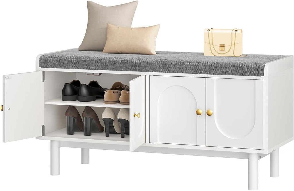 Shoe Storage Bench, 2-Tier Entryway Bench with Cushion, 15" D x 39.4" W x 19.7" H, Shoe Cabinet Bench with 4 Doors and Adjustable Shelves, for Entryway, Hallway, Bedroom, Living Room, White