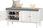 Shoe Storage Bench, 2-Tier Entryway Bench with Cushion, 15" D x 39.4" W x 19.7" H, Shoe Cabinet Bench with 4 Doors and Adjustable Shelves, for Entryway, Hallway, Bedroom, Living Room, White