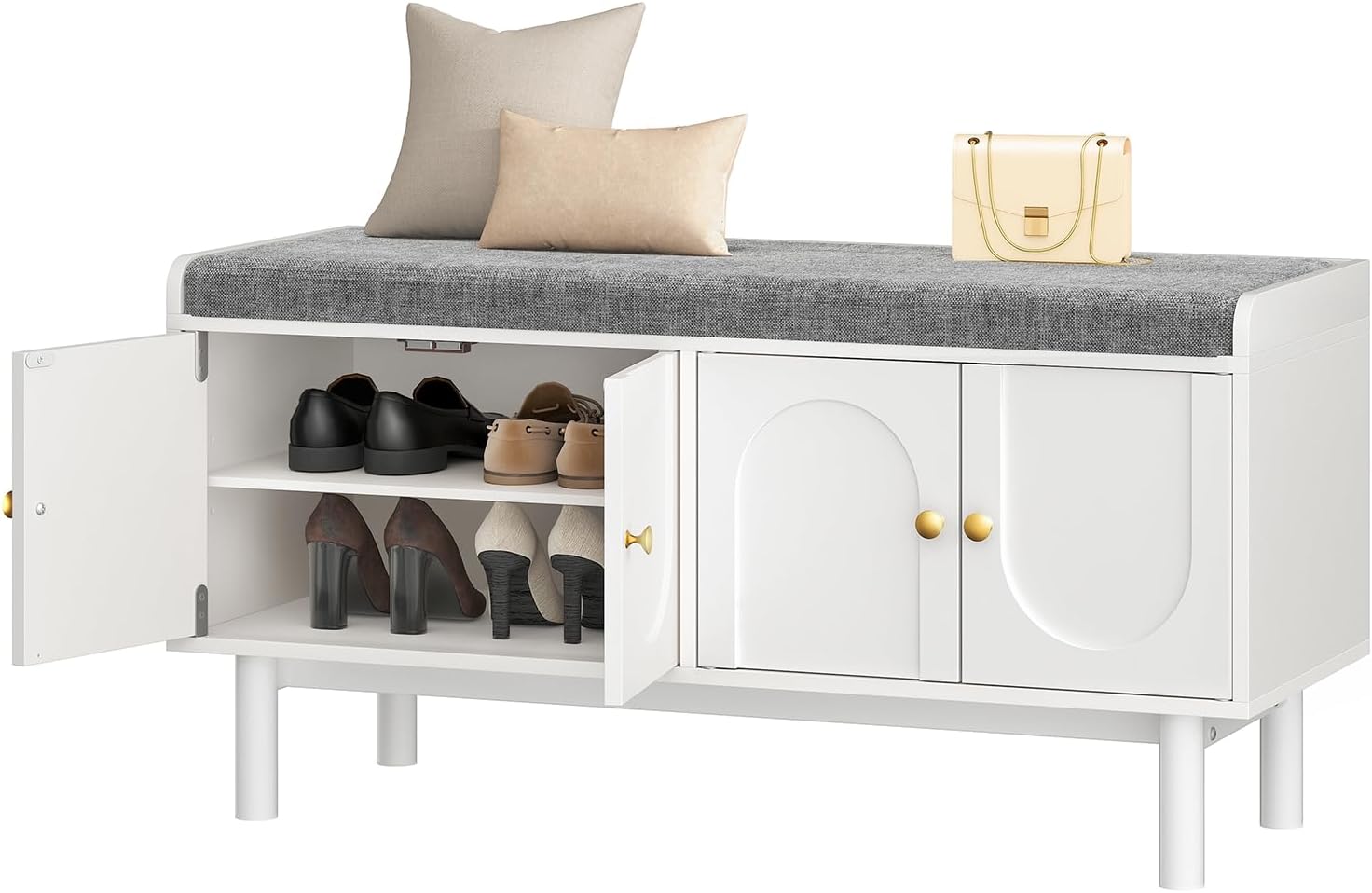 Shoe Storage Bench, 2-Tier Entryway Bench with Cushion, 15" D x 39.4" W x 19.7" H, Shoe Cabinet Bench with 4 Doors and Adjustable Shelves, for Entryway, Hallway, Bedroom, Living Room, White