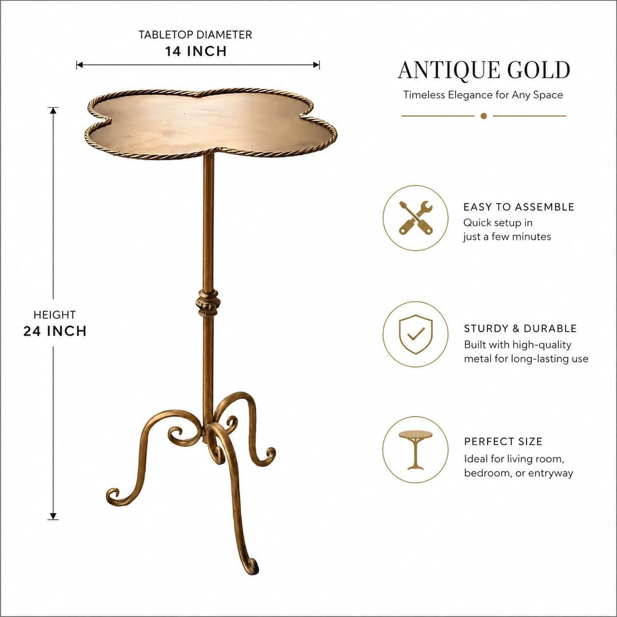 Antique Gold Metal Side Table, Modern Accent Small Drink Table, Coffee Martini Table for Small Spaces,Living Room,Bedroom,Corners