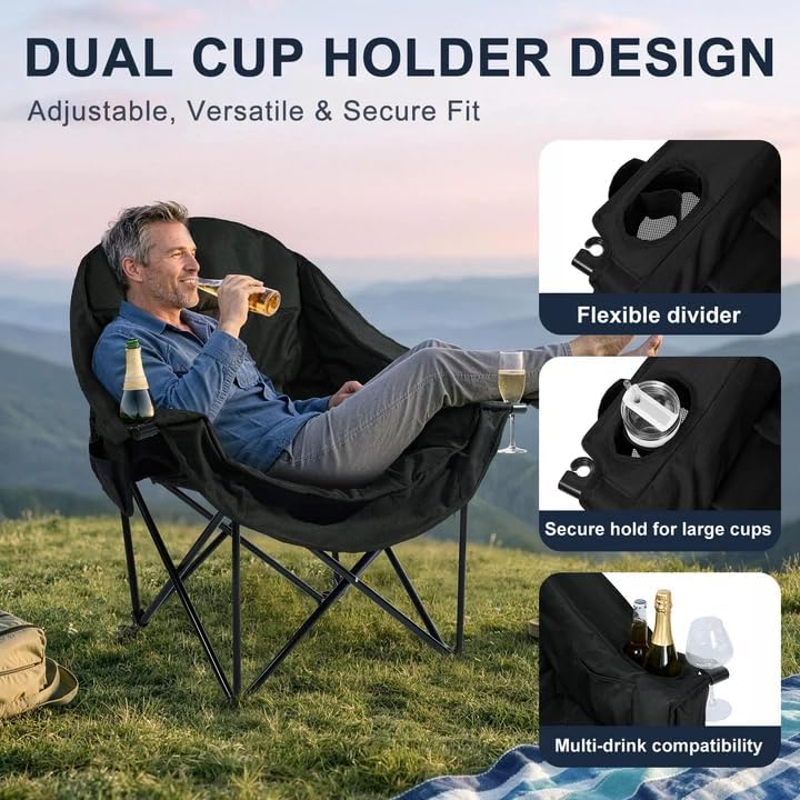 Oversized Camping Chairs for Adult - Heavy Duty Padded Portable Folding Chair XL Collapsible Camp Chair with Cup Holder Side Pocket for Outdoor Lawn Beach Sport Fishing Support 500LBS, Black