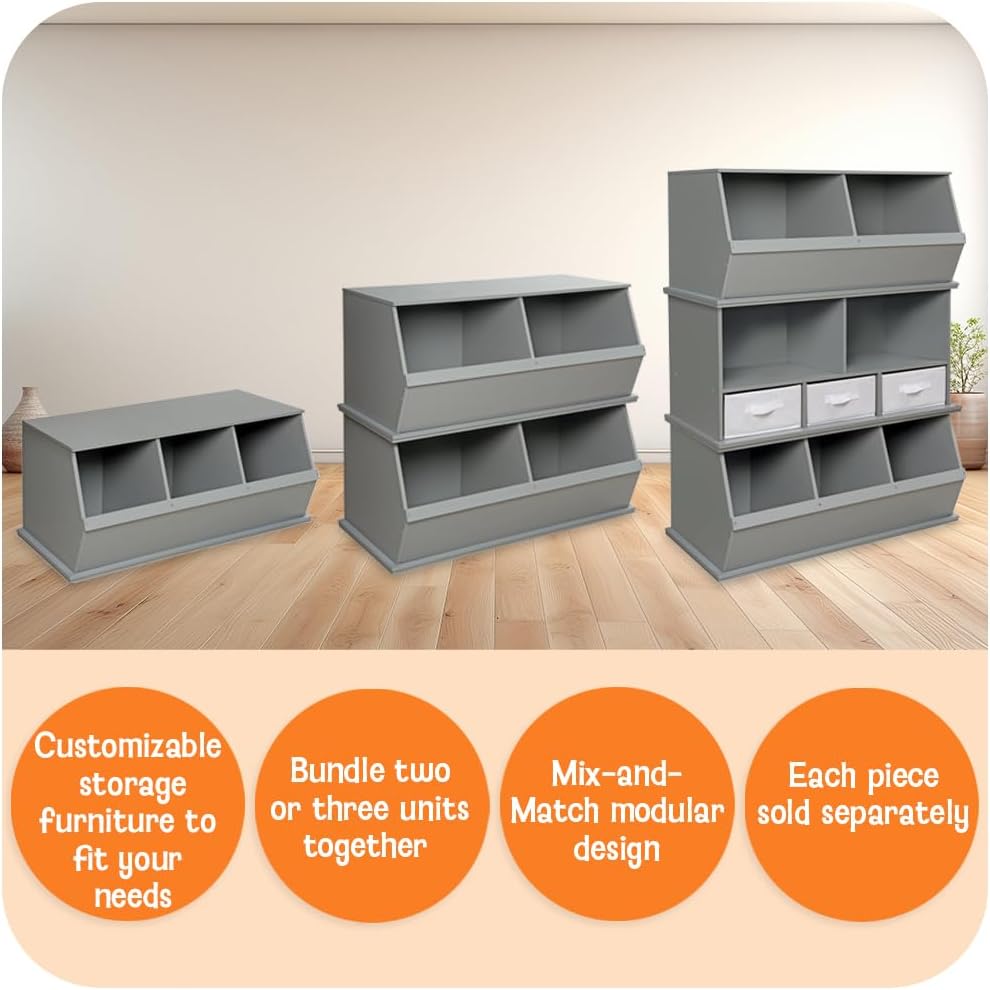 Badger Basket Two Bin Stackable Toy Storage Cubby Organizer – Modular Storage for Toys, Books, and Crafts – Solid Wood Panel – Gray