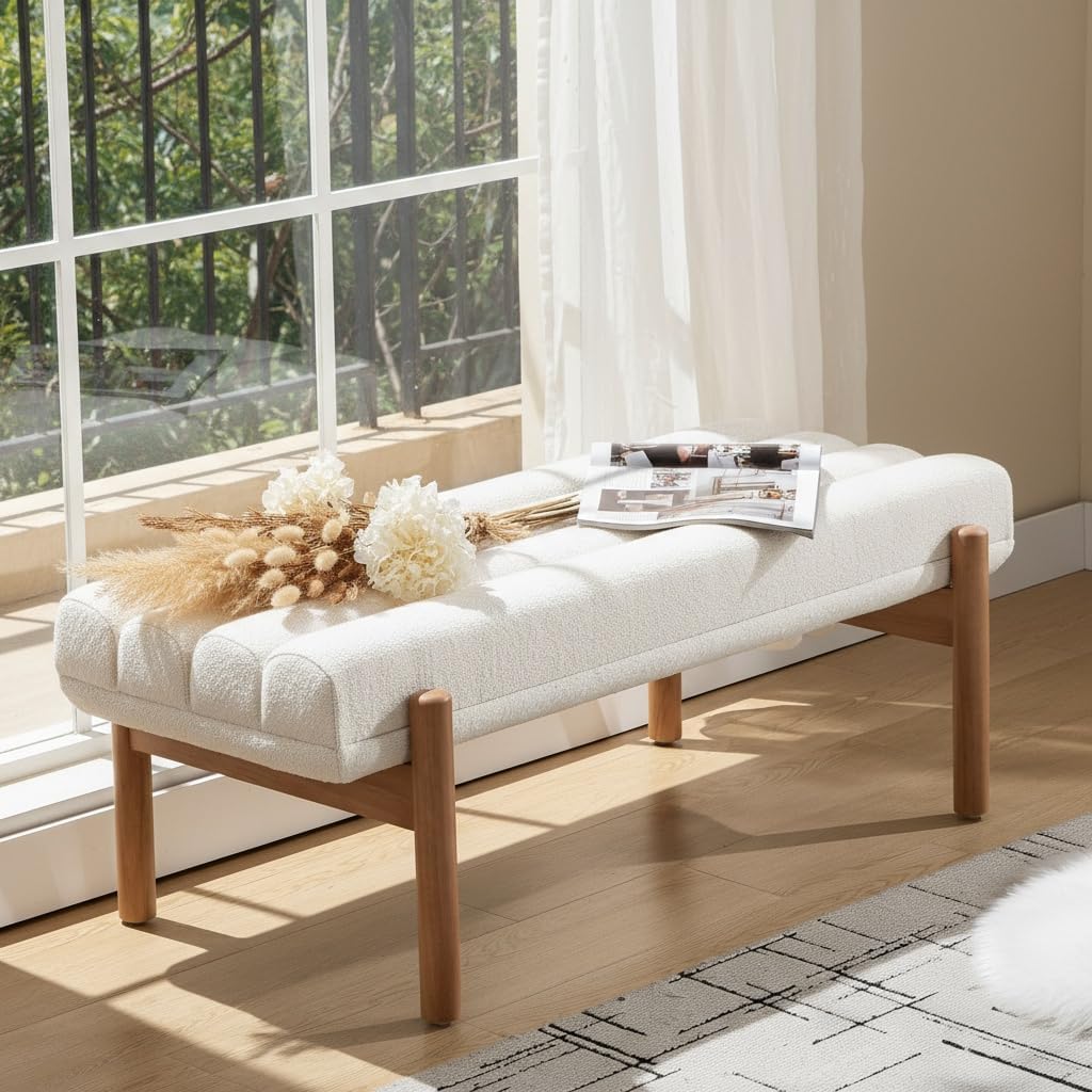 BESTANO Modern Upholstered Bedroom Bench End of Bed, Comfy Modern Entryway Bench Solid Wood Frame, 47" Indoor Bench for Hallway Dining Living Room, Beige Chenille