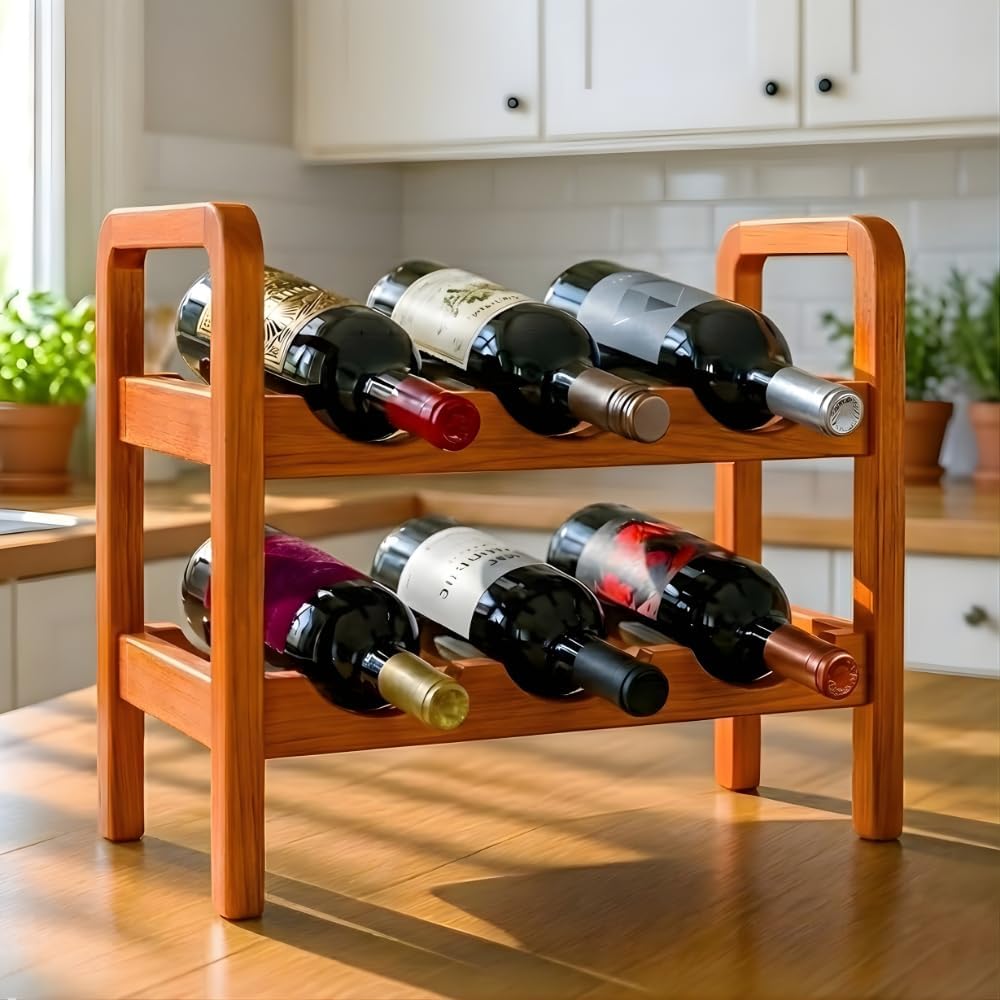 SAVUK Wine Rack 6 Bottle Countertop Bottle Rack Aesthetic 2 Tier Premium Wooden Freestanding Mini Bar and Home Bar Storage Aging Rack