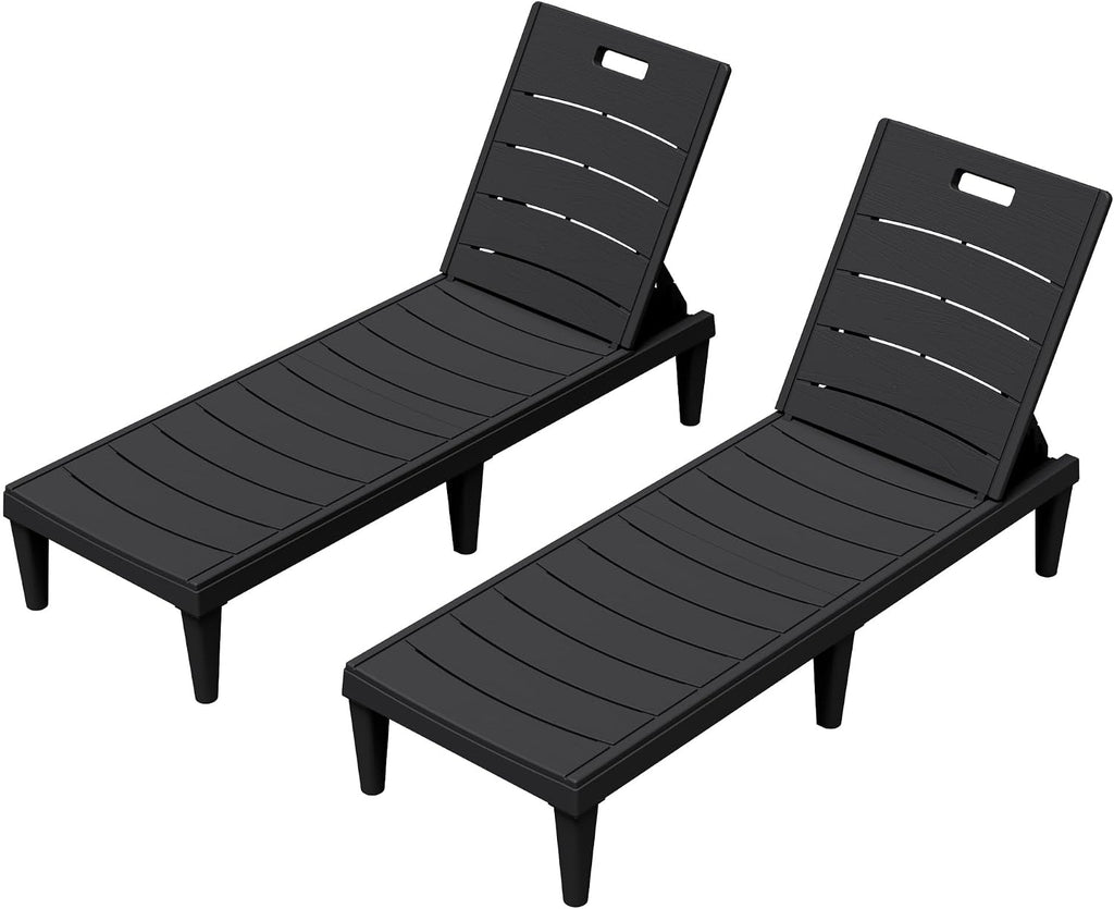 Greesum 2-Pack Adjustable Chaise Lounges, Black | 5-Pos Recline, Waterproof PP, UV-Resist, Easy-Clean, for Pool/Patio/Beach, Tool-Free