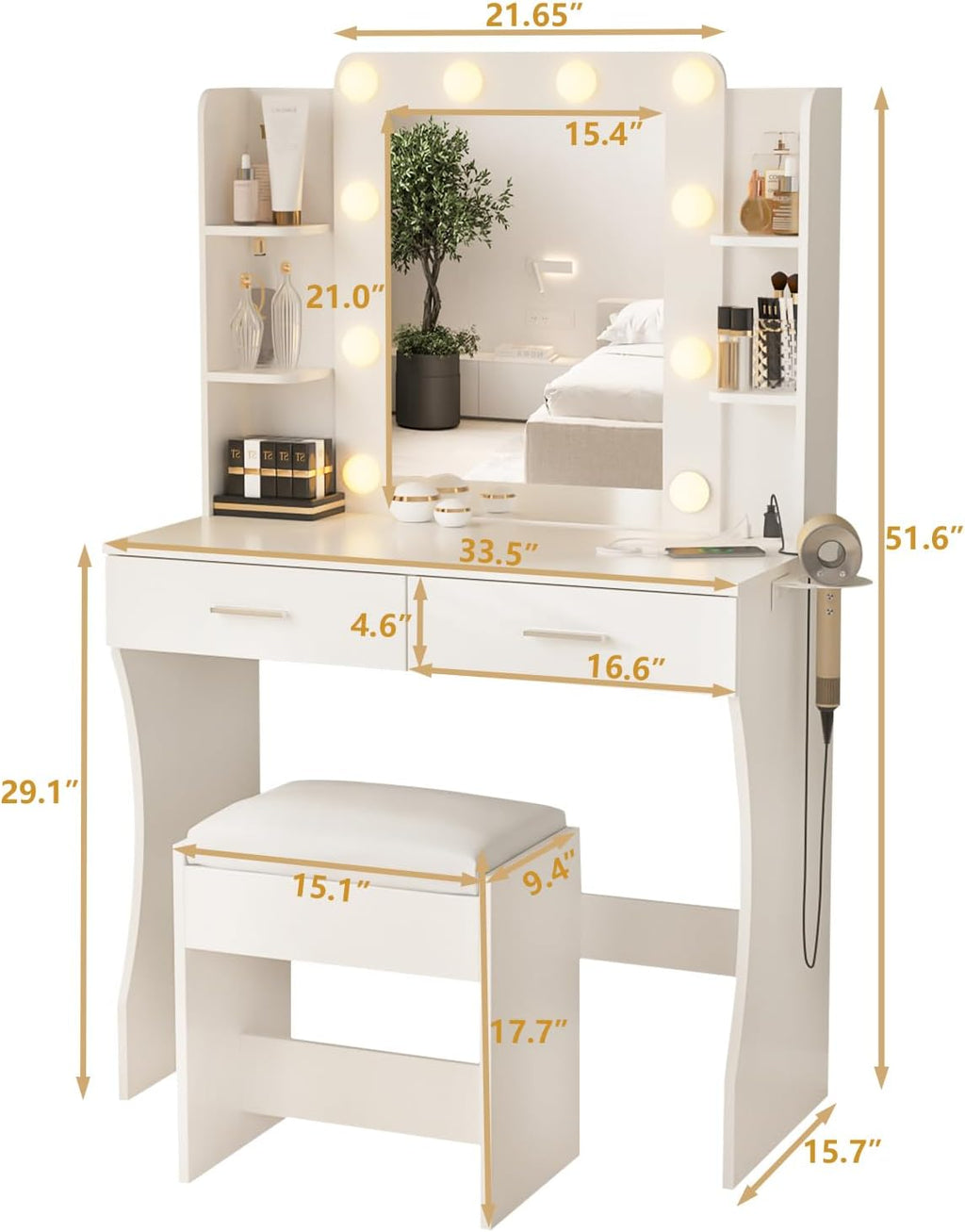 Vabches White Makeup Vanity Desk with Lighted Mirror & Charging Station | 2 Large Drawers，Vanity Mirror 3 Lighting Color Adjustable,Cushioned Stool,Storage Drawers and Shelves