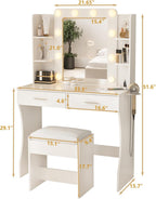 Vabches White Makeup Vanity Desk with Lighted Mirror & Charging Station | 2 Large Drawers，Vanity Mirror 3 Lighting Color Adjustable,Cushioned Stool,Storage Drawers and Shelves