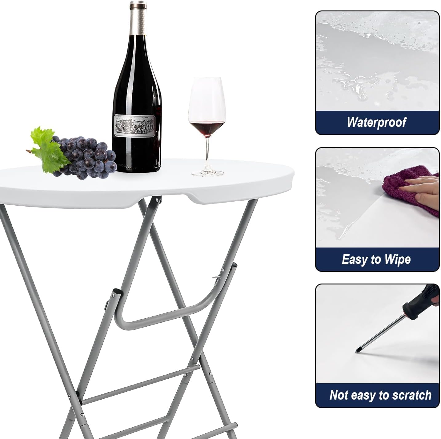 2 PCS - 31.5" L X 31.5" W X 43" H - Cocktail Table White High Top Folding Table, Portable Bar Height Folding Table Round with Detachable Gray Legs