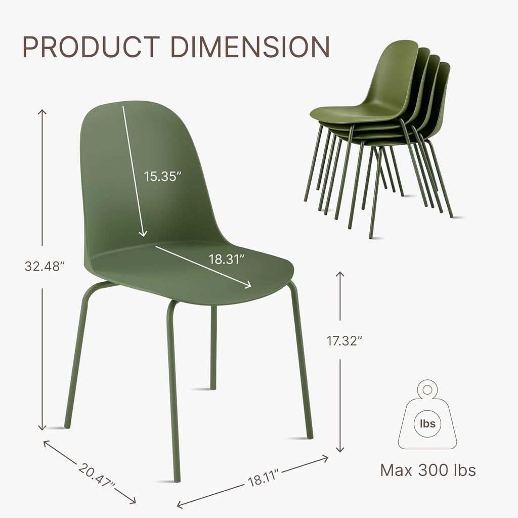 KISLOT Dining Chairs Set of 4, Plastic Outdoor Dining Room Chairs with Metal Legs, PP Anti-UV Stackable Patio Chairs with Ergonomic Back for Kitchen Swimming Pool, Easy Assembly, Green