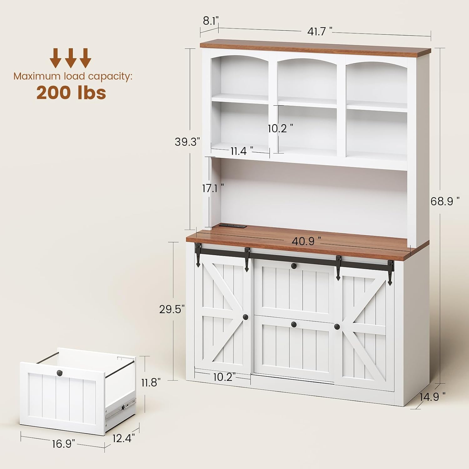 SEDETA 2 Drawer File Cabinet with Power Strip, 41” Farmhouse Filing Cabinet fits Legal, Letter, A4 Size Files for Home Office, Printer Stand with Storage Shelf, Bar Door and LED Lights, White