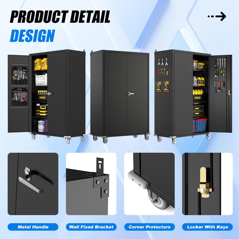 Yeeoy 72" Wide & Deep Metal Garage Storage Cabinet with Wheels, Black | Rolling Tool Cabinet, Locker Storage Cabinet, File Cabinets, Garage Closet, Locking Doors & Adjustable Shelves