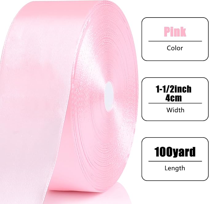 NESCCI 100 Yards Ribbon,1-1/2 Inch Pink Satin Ribbon,Single Face Satin Ribbons,Perfect for Gift Wrapping,Wedding Decoration,Handmade Bows, Wrapping Bouquet,Halloween, Christmas