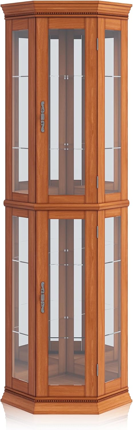 BELLEZE Lighted 3-Side Glass Display Curio Cabinet w/Tempered Glass Doors and Shelves, Accent Wooden Corner Cabinet with Bulb, Corner Storage Decoration Rack for Living Room