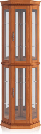 BELLEZE Lighted 3-Side Glass Display Curio Cabinet w/Tempered Glass Doors and Shelves, Accent Wooden Corner Cabinet with Bulb, Corner Storage Decoration Rack for Living Room
