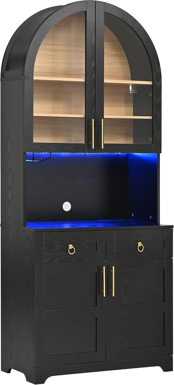 74.8" Tall Arched Kitchen Pantry with Power Outlet & LED Light, Kitchen Storage Hutch with Adjustable Shelves, Tall Cupboard for Dining Room, Bathroom (Black-TA)