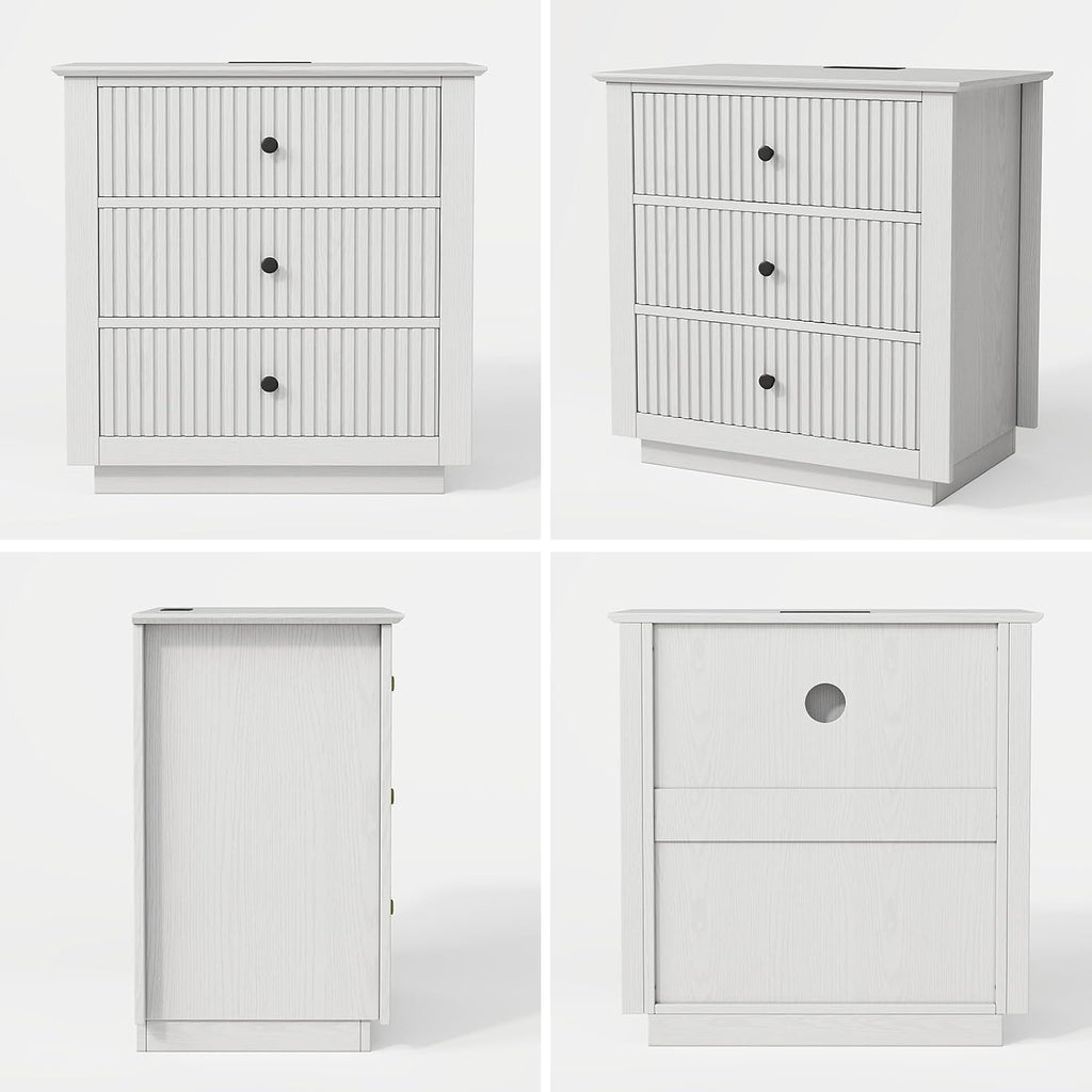 24" Wide Nightstand with Charging Station, Modern Fluted Bedroom Nightstand with Drawers, Wood Night Stand with Storage and Outlet, Large Bedside Table for Bedroom, White
