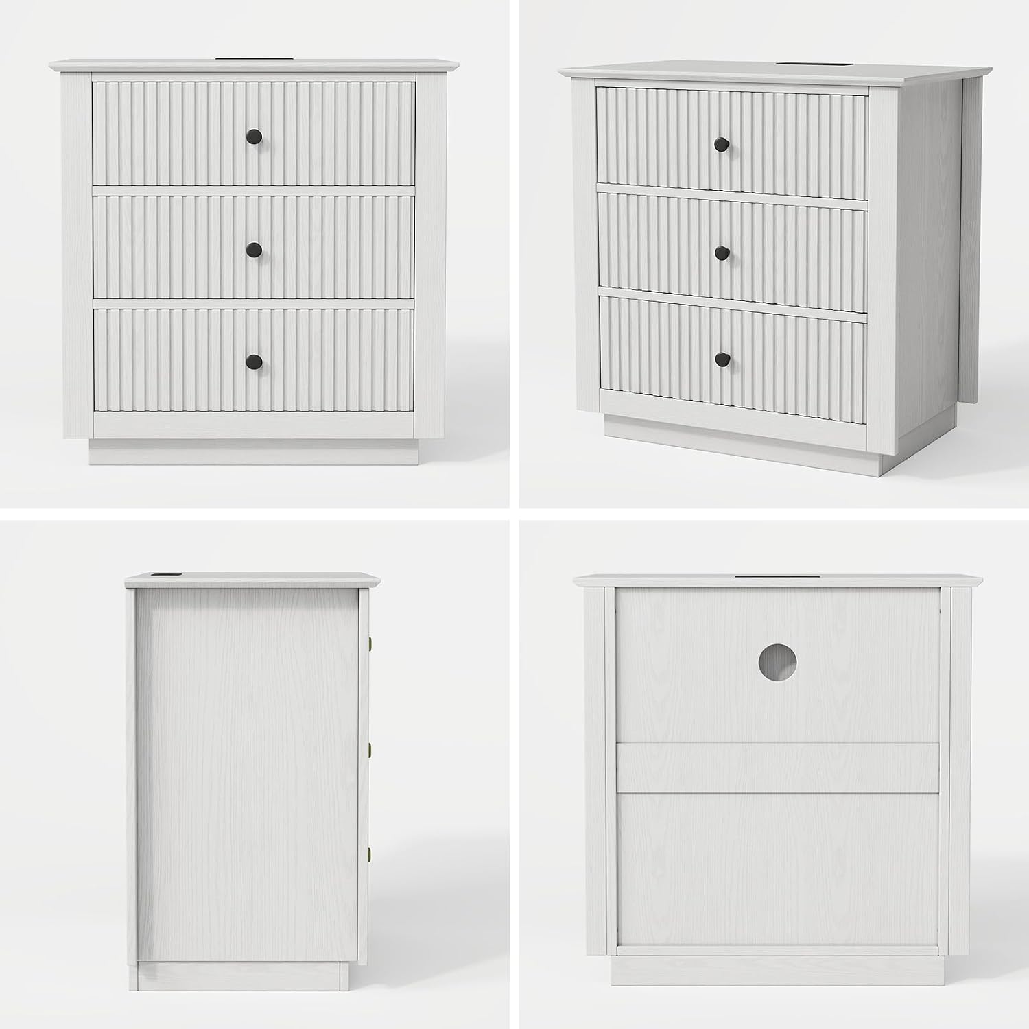 24" Wide Nightstand with Charging Station, Modern Fluted Bedroom Nightstand with Drawers, Wood Night Stand with Storage and Outlet, Large Bedside Table for Bedroom, White