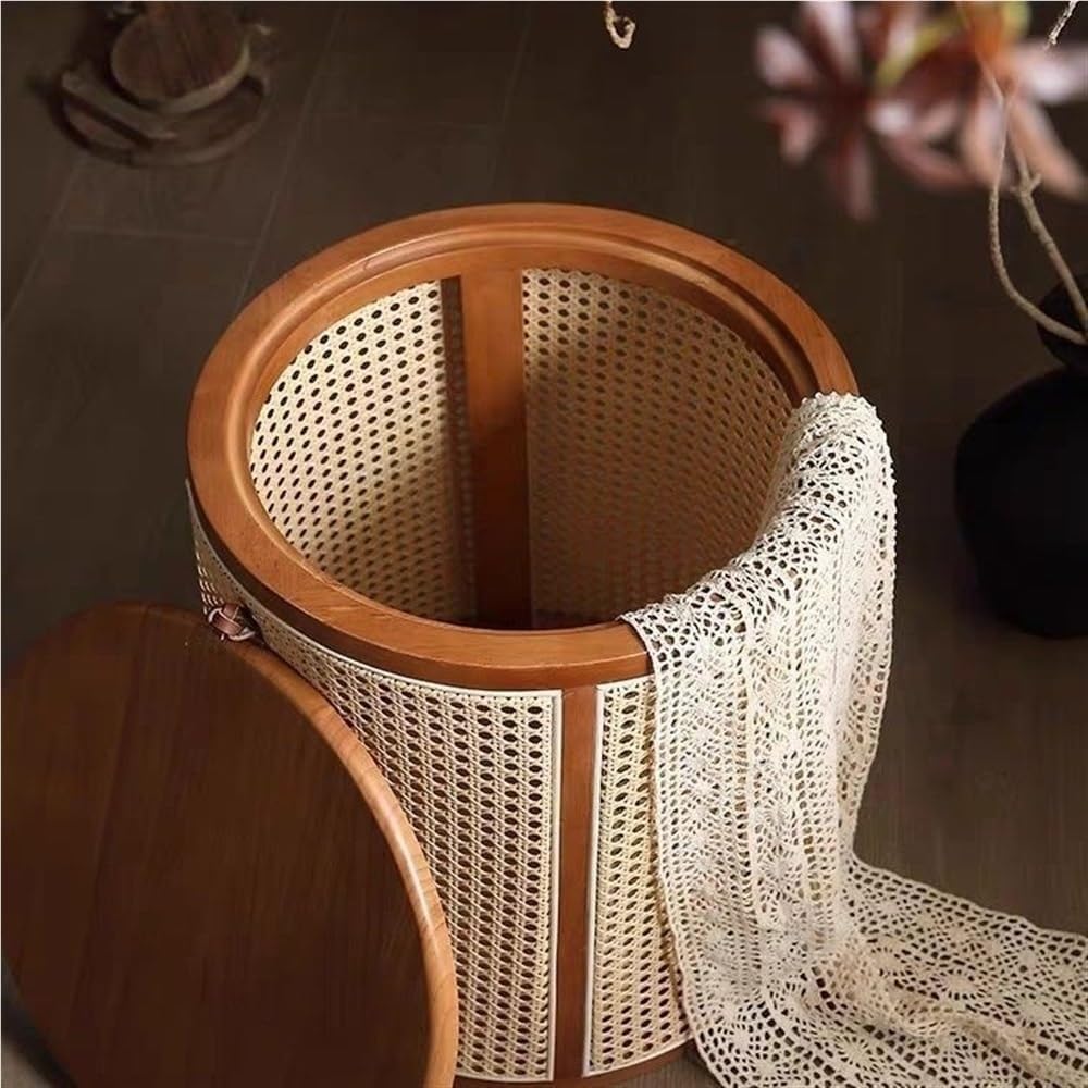 Round Wood Rattan Side Table Japanese Style Small Coffee Table with Storage Bohemian Vintage Balcony End Table for Living Room All Occasion(Natural)