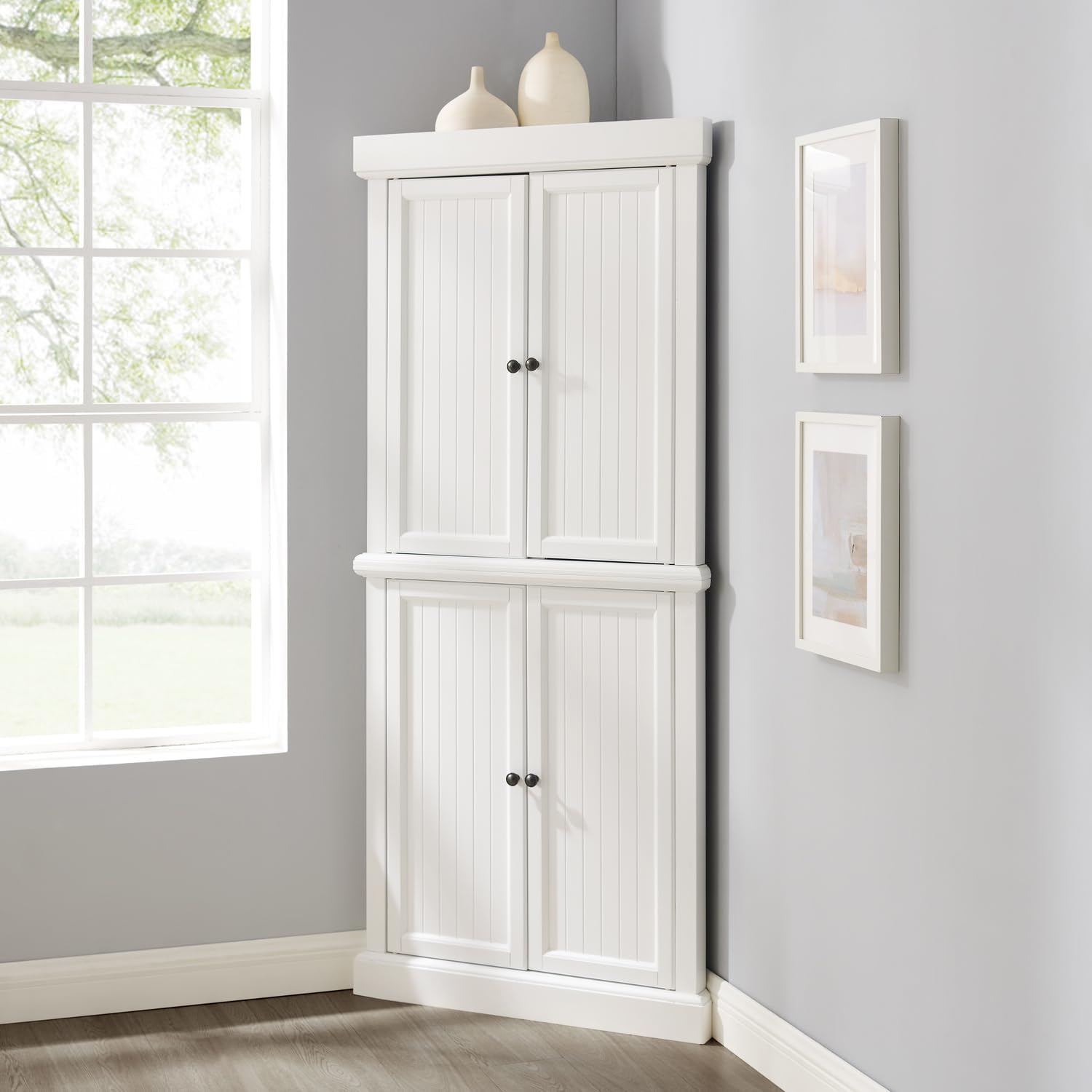 Maykoosh Tall Corner Pantry Cabinet - Modern Kitchen Storage, 2 Stackable Pantries, White, Space Saving