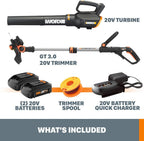 Worx 20V String Trimmer Cordless & Edger 3.0 + Leaf Blower Cordless with Battery and Charger Turbine, Black and Orange