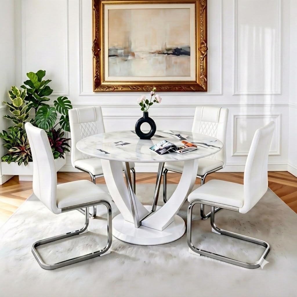 47" White Round Glass Dining Table Set 4 | Marble Pattern Kitchen Table with 4 PU Chairs, Modern High Glossy White Base Table for Kitchen Dining Room
