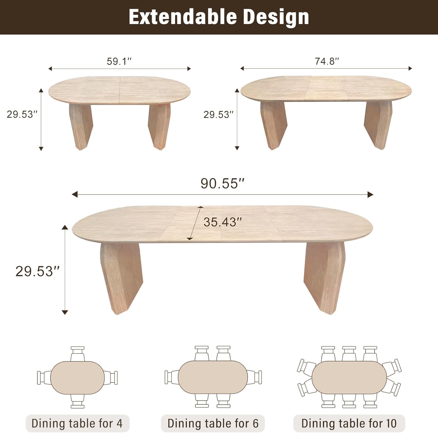 59 in-90 in Oval Extendable Dining Room Table for 4-10, Long Large Kitchen Table, Mid Century Modern Furniture, Space-Saving for Kitchen, Living Room, Office